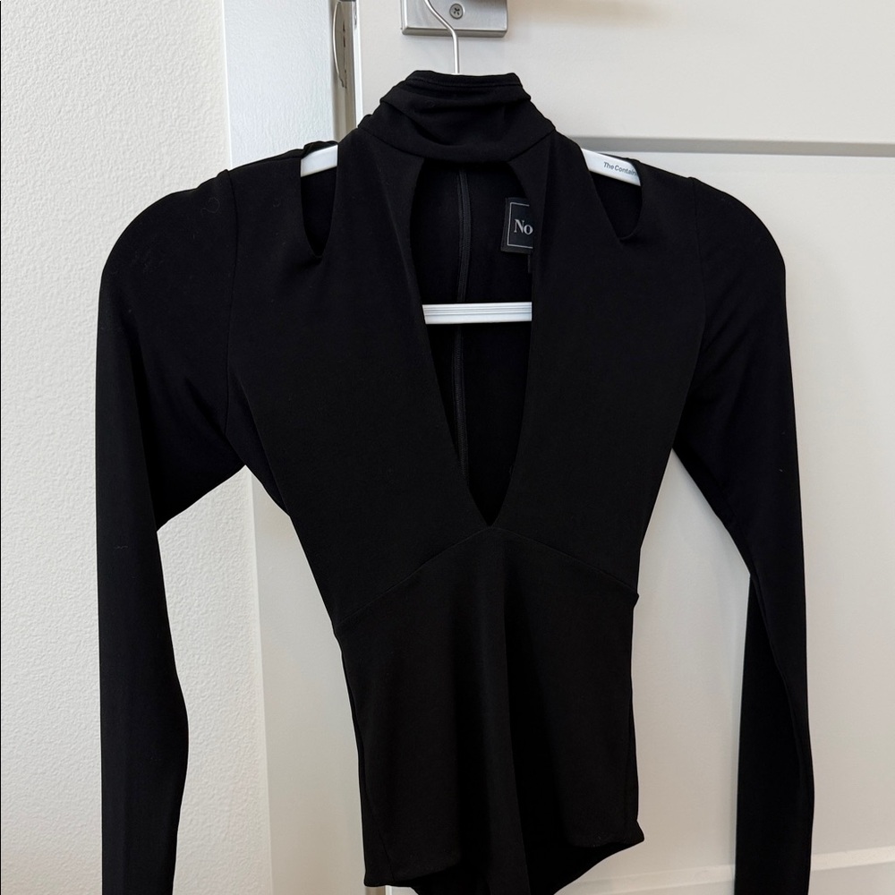 Nookie Black Long-Sleeve Deep V Bodysuit with Neck Tie
